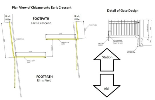 Proposed chicane design:  This exit includes gates for vehicles to access Elms Field as required.