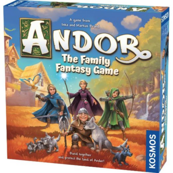 Andor Game box. Four individuals dressed as fantasy archetypes pose with some wolves in front of a medieval fantasy type village. 