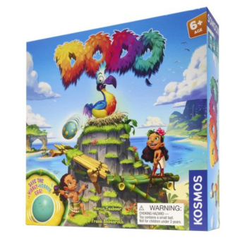 Dodo Game box. A colourful bird that looks a little like a dodo perches on a next on top of a rock by the ocean. There is a large egg falling from the nest with two pacific islander children. 