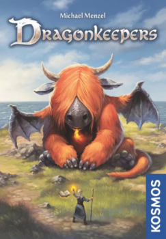 Dragonkeepers game box. An immense dragon (that also looks a little like a Highland cow) sits in front of a wizard on a green plain. 