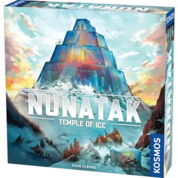 Image of the Nunatak game box. Showing a temple made of ice in a impressionistic style. Mammoths haul ice blocks towards it in the foreground. 